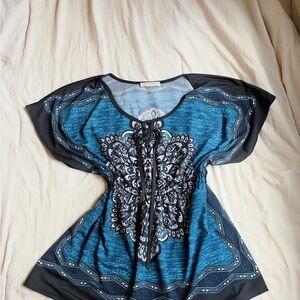 Claudia Richard Blue and Black Dolman Sleeve Blouse